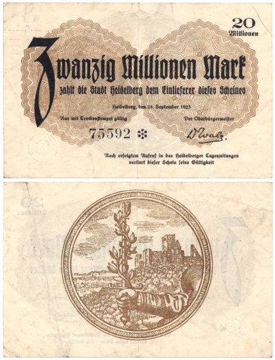 Bankovka v hodnotě dvaceti milionů marek, 1923 (recto a verso) od German School