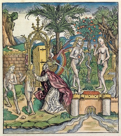Vyhnání Adama a Evy z Edenu, publikované v Norimberské kronice, 1493 od German School