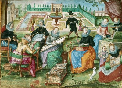 Add.1 7025 fol.50 Dámy sedící u jejich výšivky, z „Album Amicorum of Gervasius Fabricius“ (barva lito) od German School