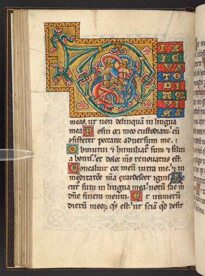 Přidat. 60629, f.43v Velké orámované iniciály ve zlatě a barvách s listovým a někdy zoomorfním a antropomorfním ornamentem (vellum) od German School