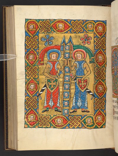 Přidat. 60629, f.84v Dva vojenští světci s hlavami ostatních (vellum) od German School