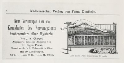 Reklama na „Nové přednášky o nemocech nervového systému, zejména o hysterii, od J. M. Charcota, přeložil Sigmund Freud“, z „O afázii: kritická studie“ od German School
