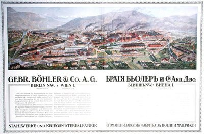 Reklama na ocelárny a zbrojovku rakouské společnosti Gebr.Boehler & Co, z bulharského almanachu, kolem roku 1916 (barevné litho) od German School