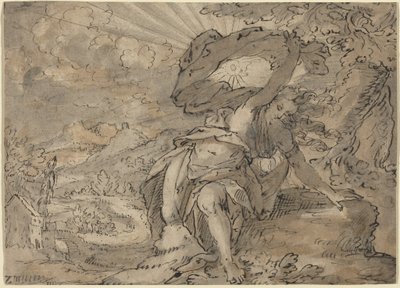 Alegorická ženská postava v krajině [recto], kolem roku 1600 (kresba perem a tuší) od German School
