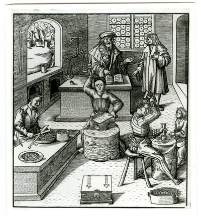 Evropská mincovna z počátku šestnáctého století, z Der Weisskunig (rytina) od German School