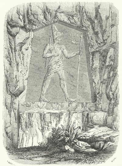 Starověký egyptský reliéf, který znázorňoval faraona Sesostris nebo Ramesse II (rytina) od German School