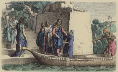Starověká egyptská žena vysokého postavení na výletě lodí (barevná rytina) od German School