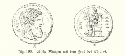 Starověké řecké mince od Elis s vyobrazením Dia z Phidias (rytina) od German School