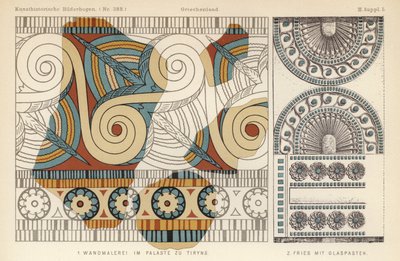 Starořecká nástěnná malba z paláce v Tiryns a vlys se skleněnou pastou zdobenou (barva litho) od German School