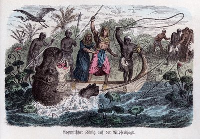 Starověké dějiny. Egypt. Faraon na lovu hrochů. Německý ... (rytina) od German School