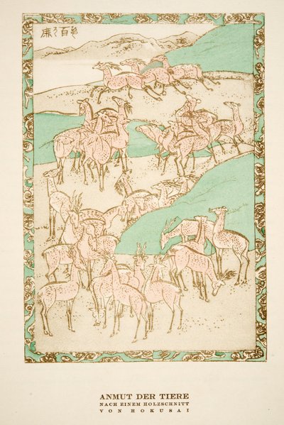 "Grace of the Animals" podle dřevorytu od Hokusaie, ze Styl, pub. 1922 (pochoir print) od German School