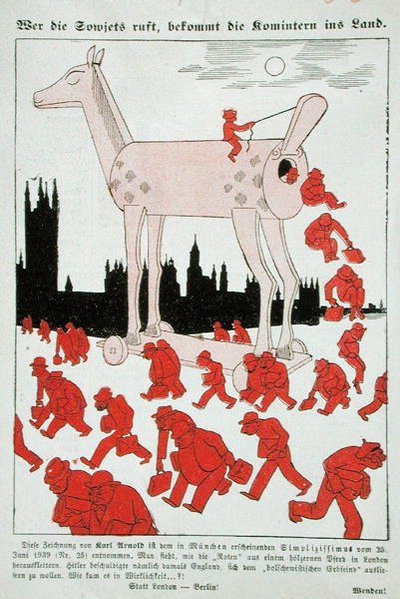 Antibolševická karikatura Třetí říše zobrazující bolševiky na útěku před trojským koněm do Londýna (barevné lito) od German School