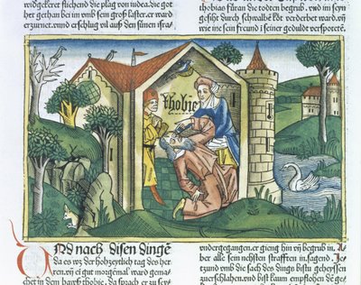 Apokryfy: Tobit je oslepen vrabčím trusem, z norimberské bible (Biblia Sacra Germanaica) (barevný dřevoryt) od German School