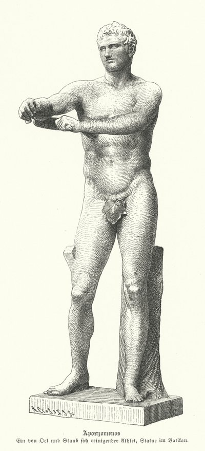 Apoxyomenos, socha sportovce seškrabujícího pot a prach ze svého těla strigilem (rytina) od German School