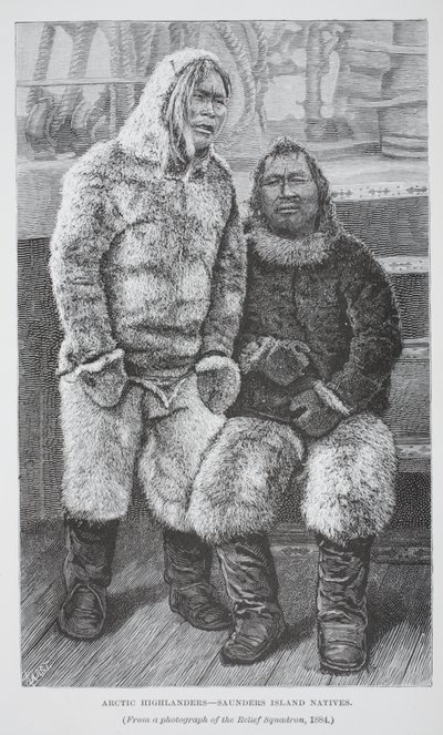 Arctic Highlanders - Saunders Island Natives, hospoda. Londýn 1886 (rytina) od German School