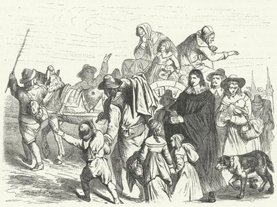 Příchod francouzských hugenotských přistěhovalců do Braniborska poté, co velký kurfiřt Frederick William vydal v roce 1685 Postupimský edikt (rytina) od German School