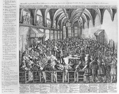Shromáždění nejslavnějších knížat Německa, v Biskupském sále v Augsbourgu, za přítomnosti Karla V. (1500-58) dne 25. června 1530 od German School
