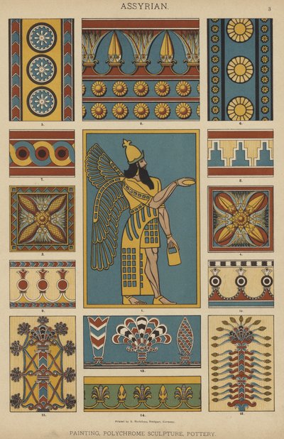 asyrština, malba, polychromovaná plastika, keramika (barevné lito) od German School