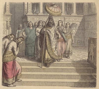 Asyrský král a jeho doprovod (barevná rytina) od German School