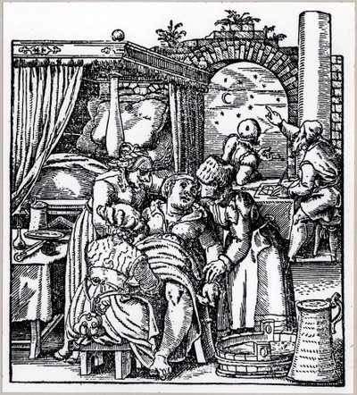 Astrologové odlévají horoskop pro dítě, které se narodí ženě na porodním křesle, z knihy De Conceptu et Generatione Hominis od Jacoba Rueffa, publikované ve Frankfurtu, 1587 od German School
