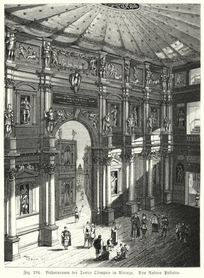 Hlediště a jeviště Teatro Olimpico, Piacenza, Itálie, navržený Andrea Palladio (rytina) od German School