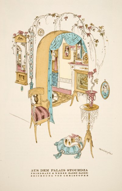 "Aus dem Palais Stourdza", reklama na firmu Friedmann  Weber (Baden-Baden)", ze Stylu, vyd. 1922 (pochoir print) od German School