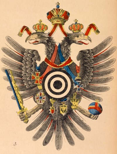 Rakousko-uherský císařský znak jako terč pro lukostřelbu, asi 1865 (kolorovaný dřevoryt) od German School