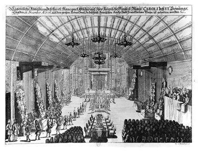 Banket v Romer Hall ve Frankfurtu nad Mohanem na počest korunovace Karla VI. (1685-1740) 22. prosince 1711 od German School
