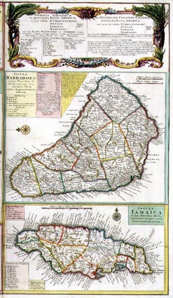 Barbados a Jamajka, detail z mapy anglických kolonií v Karibiku, hospoda. od Homanns Heirs, Norimberk, kolem 1750 (detail 101836) od German School