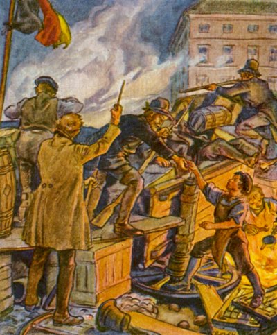 Barrikadenkampf / Barikádový boj (barevná litografie) od German School