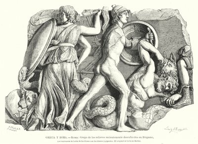 Bitva mezi bohy a titány a obry, starověký řecký reliéf z Pergamonu (litho) od German School