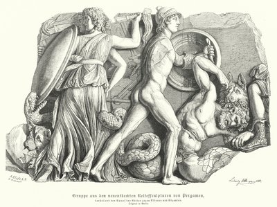 Bitva mezi bohy a titány a obry, starověký řecký reliéf z Pergamonu (rytina) od German School