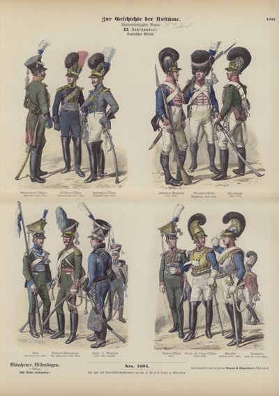 Bavorské vojenské uniformy, začátek 19. století (barevná rytina) od German School