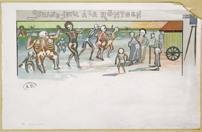 Plážová idyla ve stylu Rontgen, karikatura o rentgenových snímcích, cca 1896-99 (barevná rytina) od German School