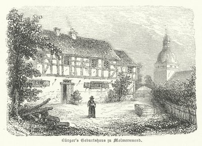 Místo narození německého básníka Gottfrieda Augusta Buergera, Molmerswende (rytina) od German School