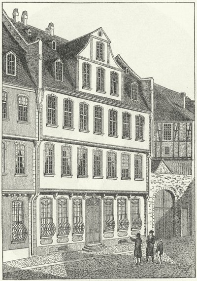 Místo narození německého spisovatele a státníka, Johann Wolfgang von Goethe, Frankfurt, Německo (rytina) od German School