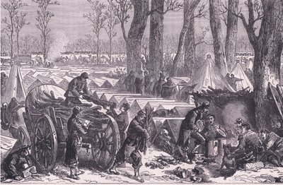 Bivak vojáků generála Du Croye v lesích Vincennes, Cassells Historie války mezi Francií a Německem vydaná Cassell and Company Limited, kolem roku 1890 (litho) od German School