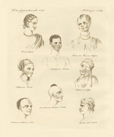 Kmen černochů uprostřed Afriky (barevná rytina) od German School