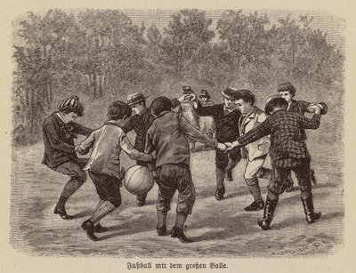Chlapci hrající fotbal s velkým míčem (rytina) od German School
