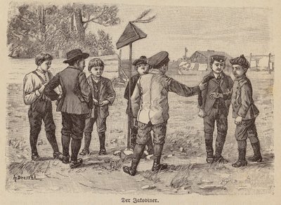 Chlapci hrající hru na jakobínskou čepici (rytina) od German School