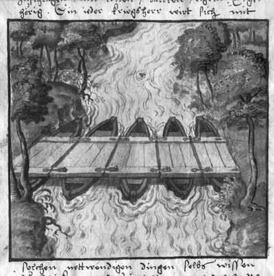 Most lodí, ilustrace z LArt de lartillerie od Wolffa de Senftenberg, 2. polovina 16. století od German School