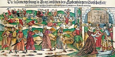 Popis a ilustrace sňatku v březnu 1595 arcivévodkyně Marie Kristiny Rakouské s velvyslancem Sigismunda Báthoryho, prince ze Siebenbürgenu (Sedmihradsko) a bitvy u Călugăreni v srpnu 1595, c.1. od German School