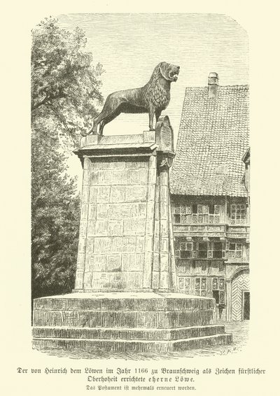 Bronzový lev vztyčený Jindřichem Lvem v Brunswicku v roce 1166 (rytina) od German School