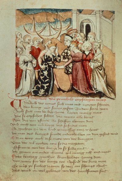 Brunhild vstupuje do Worms; Kriemhild pochází z Brunhild a Gunthera z „Hundeshagen Nibelungen Codex“ (vellum) od German School