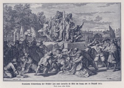 Brutální vražda bratrů Jana a Cornelise de Wittů orangistickým davem, Haag, Nizozemsko, 20. srpna 1672 (litografie) od German School