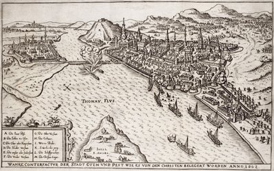 Buda a Pest obležené křesťany v roce 1602, ilustrace z knihy o osmanských taženích v Evropě, vyryl Paul Furst (c.1605-66) od German School