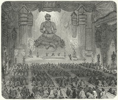 Buddhisté uctívající v klášteře v Pekingu (rytina) od German School