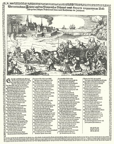 Kreslený film zobrazující jezuity vyhnané z Čech a Uher v roce 1620 na začátku třicetileté války (rytina) od German School