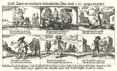 Karikatura o tabáku a kouření dýmky (rytina) od German School