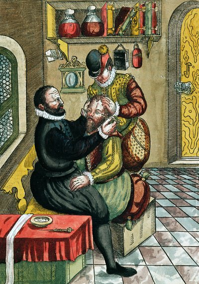 Operace katarakty, z Ophthalmodouleia od Georga Bartische (1535-1636), publikovaná v Drážďanech v roce 1583 (barevný dřevořez) od German School